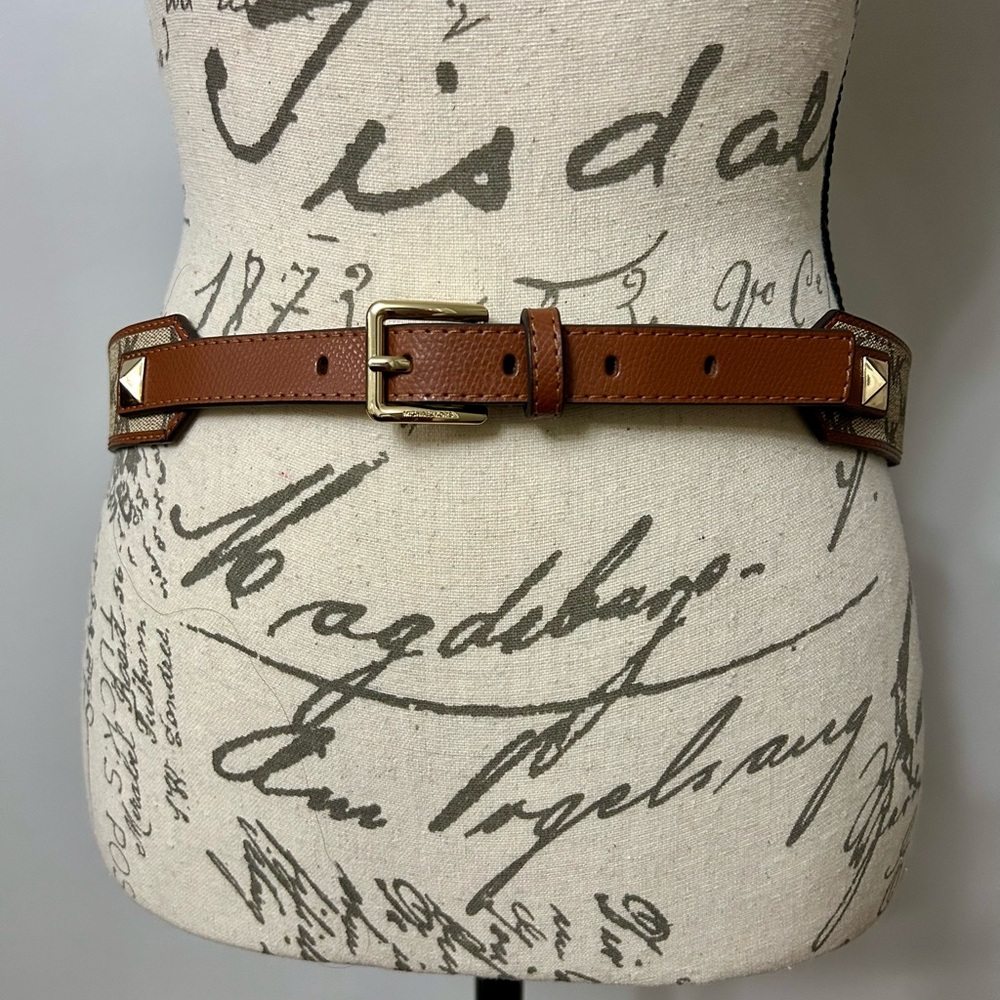 Michael by Michael Kors Signature Fabric Belt with Gold Buckle and Accents. Med